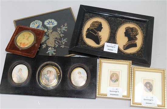 A group of nine portrait miniatures, in six frames